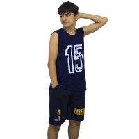 Berselüx 15 sayı baskılı  Lacivert kolsuz kız-erkek çocuk unisex bisiklet yaka penye viskon tshirt-2iplik kapri şort takım