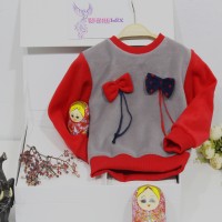 Berselüx Çift Fiyonklu Kız Çocuk Polar Sweatshirt Bisiklet yaka Gri - Kırmızı 1- 10 yaş