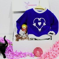 Berselüx Kalpli Fiyonklu Sax Mavi Kız Çocuk Polar Sweatshirt Bisiklet Yaka 1- 10 yaş