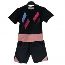Berselüx Çocuk Bermuda Şort Tshirt İkili Takım Lacivert Pembe Baskılı 2022 Yaz Kısa Kollu Unisex