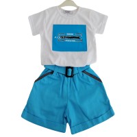 Berselüx Çocuk Şort Tshirt İkili Takım Turkuaz Beyaz Baskılı  2022 Yaz Kısa Kollu Unisex                                             