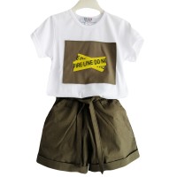 Berselüx  Çocuk Şort Tshirt İkili Takım Haki Yeşil- Beyaz Baskılı Kısa Kollu Unisex 2022 Yaz